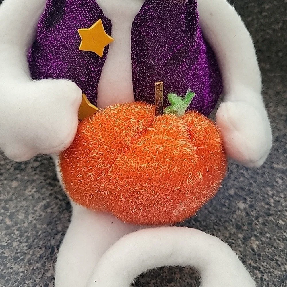 VINTAGE 2002 Halloween Ghost Shelf Sitter with Pumpkin Purple Vest Bow Tie‎